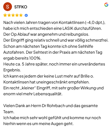 Positive LASIK Bewertung eines Patienten